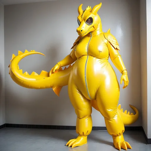 Prompt: Dragon, Cartoon, Inflatable, Pooltoy, Big Belly, Massive Tail, Large Tail, Inflatable Tail, Large Stomach, Wet, Latex Bodysuit, Tight Suit, Female Body, Wetsuit, Gigantic Tail, Enormous Tail, High Quality, Inflatable Tail, Blown Up Tail, Blown Up Body, Overinflated, Enormous Body, Yellow Hazmat Suit, Yellow Hazmat Outfit, Gas Mask, Wearing Gas Mask