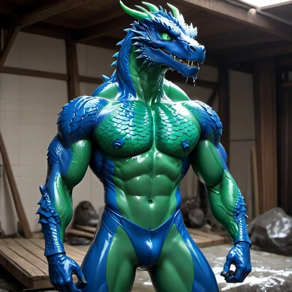 Prompt: Blue Body, Dragon, Green Eyes, Cartoon, Muscular, Wet, Latex Bodysuit, Flexing Muscles