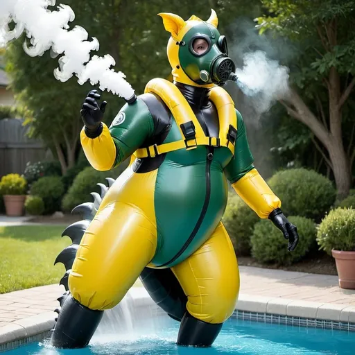 Prompt: Skunk, Cartoon, Inflatable, Pooltoy, Big Belly, Massive Tail, Large Tail, Inflatable Tail, Large Stomach, Wet, Latex Bodysuit, Tight Suit, Female Body, Wetsuit, Gigantic Tail, Enormous Tail, High Quality, Inflatable Tail, Blown Up Tail, Blown Up Body, Overinflated, Enormous Body, Yellow Hazmat Suit, Yellow Hazmat Outfit, Gas Mask, Wearing Gas Mask, Transforming, Transformation, Human to Dragon, Gas, Hose connected to mouth, fart, fumes, green smoke