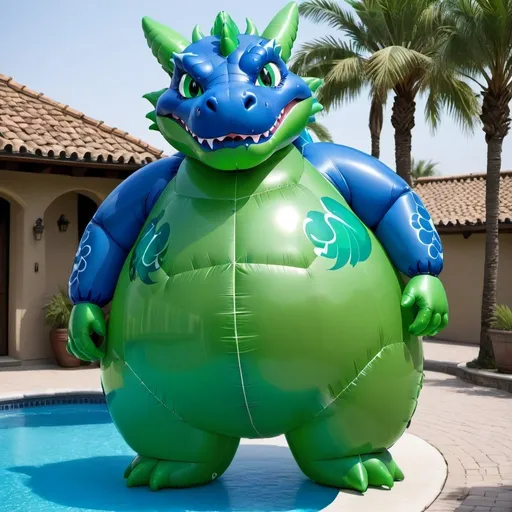 Prompt: Blue Dragon, Green Eyes, Cartoon, Inflatable, Overinflated, Balloon, Latex, Huge, Round Belly, Pooltoy, Rubber