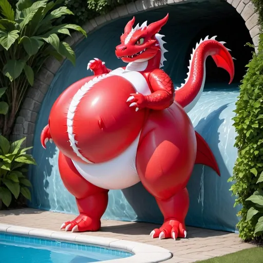 Prompt: Red Body, White Chest Dragon, Red Eyes, Cartoon, Inflatable, Pooltoy, Big Belly, Massive Tail, Large Tail, Inflatable Tail, Large Stomach, Wet, Latex Bodysuit, Slit, Tight Suit, Female Body, Wetsuit, Gigantic Stomach