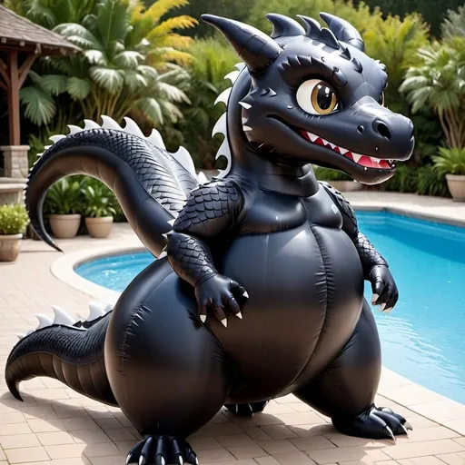 Prompt: Black Body, Dragon, Cartoon, Inflatable, Pooltoy, Big Belly, Massive Tail, Large Tail, Inflatable Tail, Large Stomach, Wet, Latex Bodysuit, Slit, Tight Suit, Female Body, Wetsuit, Gigantic Tail, Enormous Tail, High Quality, Inflatable Tail, Blown Up Tail, Blown Up Body