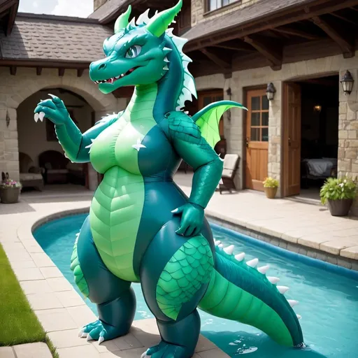 Prompt: Blue Body, Dragon, Green Eyes, Cartoon, Inflatable, Pooltoy, Big Belly, Massive Tail, Large Tail, Inflatable Tail, Large Stomach, Wet, Latex Bodysuit, Slit, Tight Suit, Female Body, Wetsuit, 