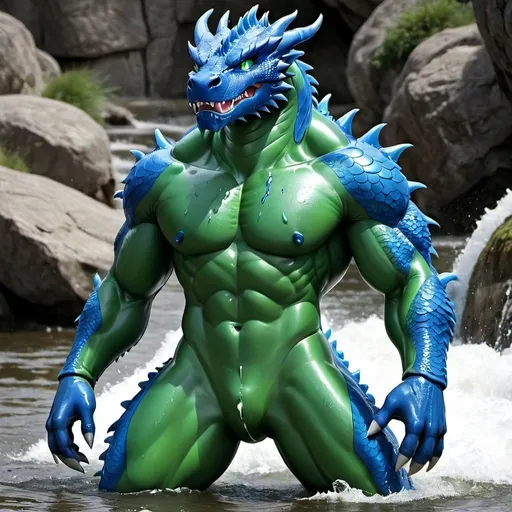 Prompt: Blue Dragon, Green Eyes, Cartoon, Muscular, Wet, Inflatable