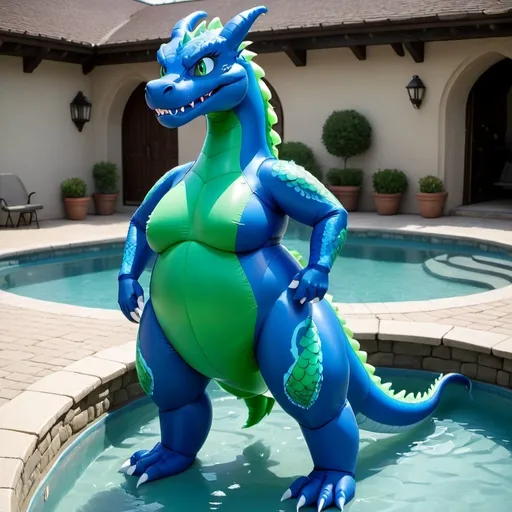 Prompt: Blue Body, Dragon, Green Eyes, Cartoon, Inflatable, Pooltoy, Big Belly, Massive Tail, Large Tail, Inflatable Tail, Large Stomach, Wet, Latex Bodysuit, Slit, Tight Suit, Female Body, Wetsuit,