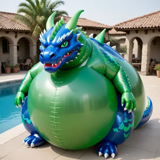 Prompt: Blue Dragon, Green Eyes, Realistic, Inflatable, Overinflated, Balloon, Latex, Huge, Round Belly, Pooltoy, Rubber