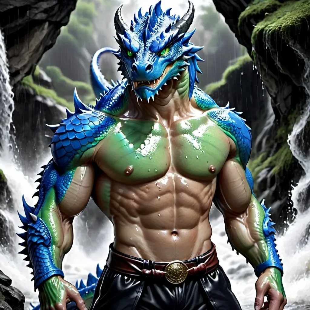 Prompt: Blue Dragon, Green Eyes, Cartoon, Muscular, Wet