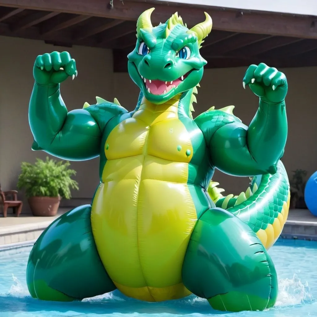 Prompt: Blue Body, Dragon, Green Eyes, Cartoon, Muscular, Wet, Inflatable, Inflated, Smiling, Waving