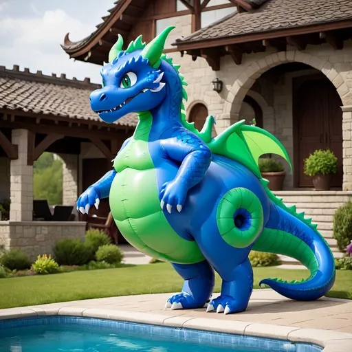 Prompt: Blue Body, Dragon, Green Eyes, Cartoon, Inflatable, Pooltoy, Big Belly, Massive Tail, Large Tail, Inflatable Tail, Large Stomach, Wet, Latex Bodysuit, Slit, Tight Suit, Female Body, Wetsuit, 