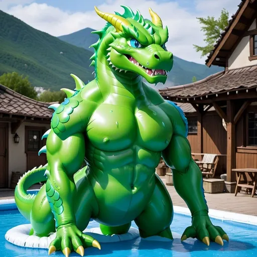 Prompt: Blue Dragon, Green Eyes, Cartoon, Muscular, Wet, Inflatable, Inflated