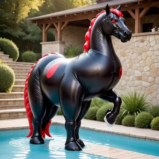 Prompt: Black Body, Horse, Red Eyes, Cartoon, Inflatable, Pooltoy, Big Belly, Massive Tail, Large Tail, Inflatable Tail, Large Stomach, Wet, Latex Bodysuit, Slit, Tight Suit, Female Body, Wetsuit, Pregnant, Giant Tail, Overinflated Torso