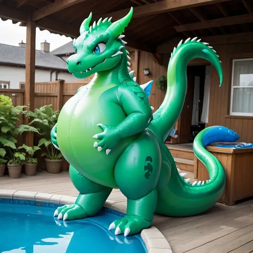 Prompt: Blue Body, Dragon, Green Eyes, Cartoon, Inflatable, Pooltoy, Big Belly, Massive Tail, Large Tail, Inflatable Tail, Large Stomach, Wet, Latex Bodysuit, Slit, Tight Suit, Female Body, Wetsuit, 