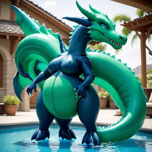 Prompt: Blue Body, Dragon, Green Eyes, Cartoon, Inflatable, Pooltoy, Big Belly, Massive Tail, Large Tail, Inflatable Tail, Large Stomach, Wet, Latex Bodysuit, Slit, Tight Suit, Female Body, Wetsuit,