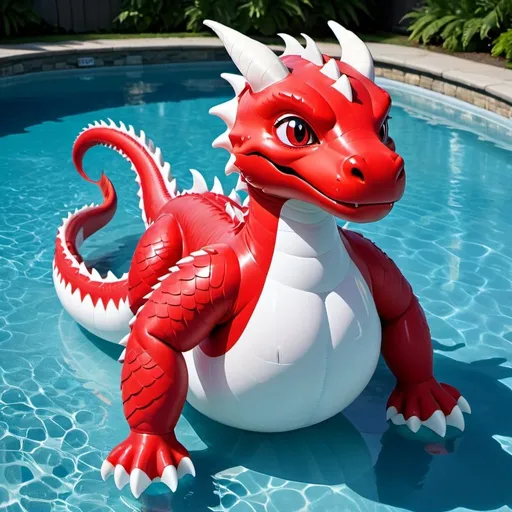 Prompt: Cartoon illustration of a red dragon with a white chest, inflatable pooltoy style, wet latex bodysuit, massive tail, bulging stomach, red eyes, tight suit, exaggerated proportions, large tail, overinflated, female body, wetsuit, detailed scales, vibrant colors, pool setting, playful expression, glossy texture, highres, ultra-detailed, cartoon, vibrant colors, exaggerated proportions, wet, playful, inflatable style