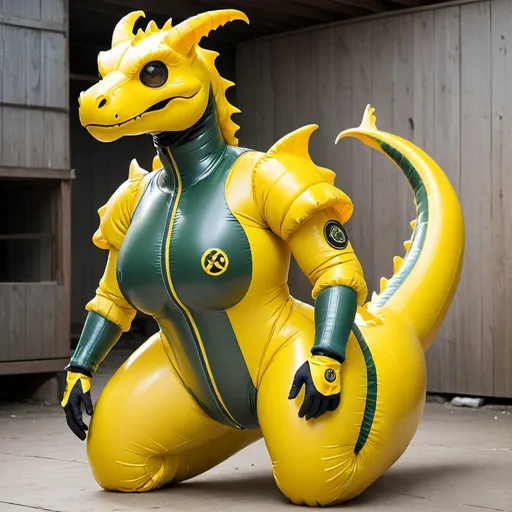 Prompt: Dragon, Cartoon, Inflatable, Pooltoy, Big Belly, Massive Tail, Large Tail, Inflatable Tail, Large Stomach, Wet, Latex Bodysuit, Tight Suit, Female Body, Wetsuit, Gigantic Tail, Enormous Tail, High Quality, Inflatable Tail, Blown Up Tail, Blown Up Body, Overinflated, Enormous Body, Yellow Hazmat Suit, Yellow Hazmat Outfit, Gas Mask, Wearing Gas Mask