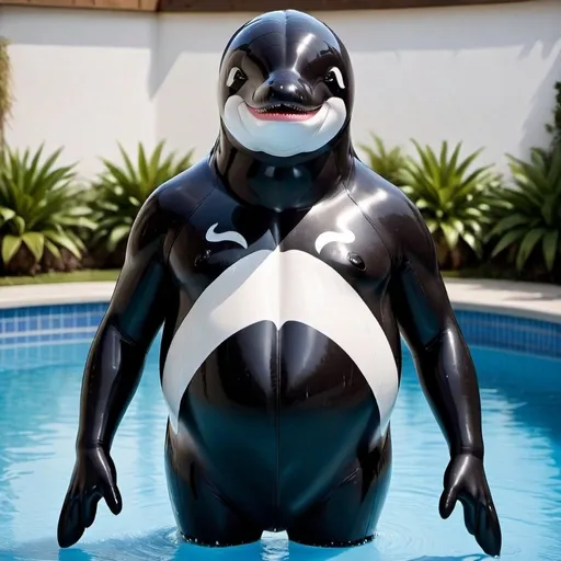 Prompt: Black Body, White Chest, Orca, Realistic, Wet, Latex Bodysuit, Large Tail, Massive Tail, Huge Tail, Pooltoy, Inflatable, Big Stomach, Bodysuit, Living