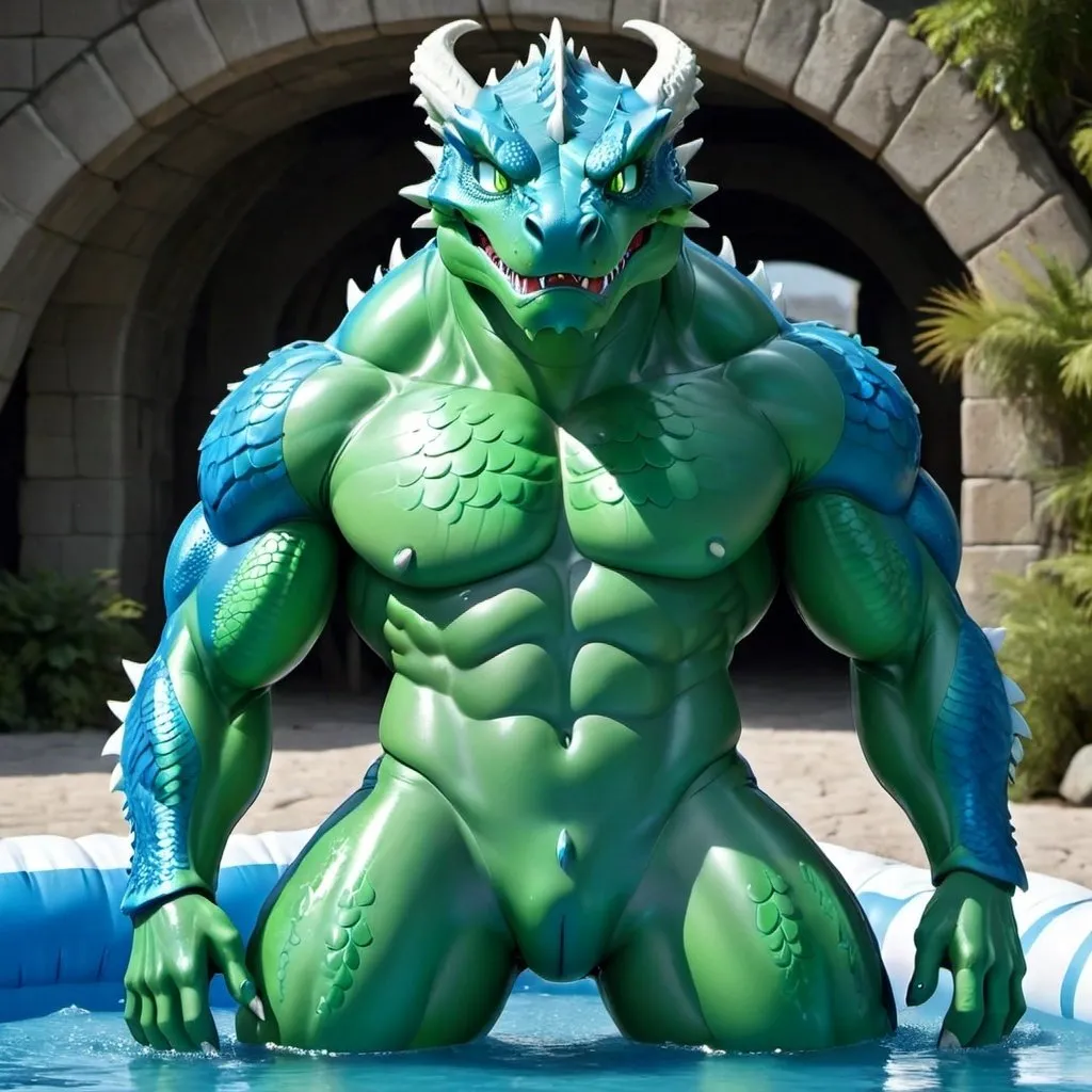 Prompt: Blue Body, Dragon, Green Eyes, Cartoon, Muscular, Wet, Inflatable, Inflated