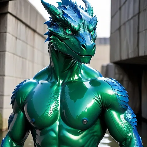 Prompt: Blue Body, Dragon, Green Eyes, Cartoon, Muscular, Wet, Latex Bodysuit