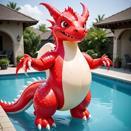 Prompt: Cartoon illustration of a red dragon with a white chest, inflatable pooltoy style, wet latex bodysuit, massive tail, bulging stomach, red eyes, tight suit, exaggerated proportions, large tail, overinflated, female body, wetsuit, detailed scales, vibrant colors, pool setting, playful expression, glossy texture, highres, ultra-detailed, cartoon, vibrant colors, exaggerated proportions, wet, playful, inflatable style, pretty, beautiful, joyful