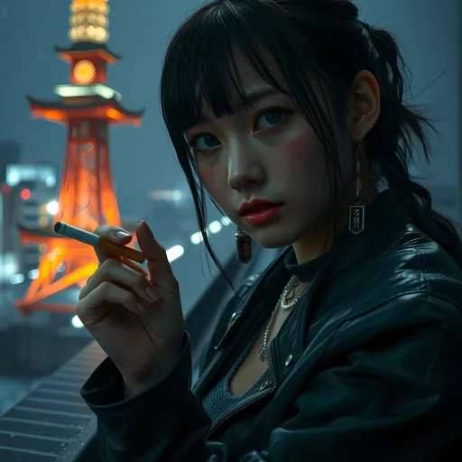 Prompt: Extreme half of a asian pertty girl, hand holding cigarette, moody, wearing cyberpunk clothes, sadness, full direct frontal view. Natural lighting to capture authentic. walking through in raining night japan tower rooftop view, darkness, photorealistic representation.