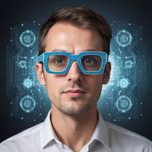 Prompt: make an image of a man with tech glasses of Artificial intelligence. Make the image funny and in a very modern and technological environment. 