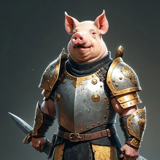 Prompt: a warrior pig, with a complex armor, high quality image, high details, 8k,  highly detailed, digital painting, artstation, concept art, smooth, sharp focus, illustration, cinematic lighting