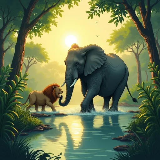 Prompt: "An emotional jungle scene with a large elephant and his baby drinking water by a river under the morning sun. Suddenly, a fierce lion jumps out from the bushes and attacks. The big elephant roars and charges at the lion, defending his baby with his strong trunk. The baby elephant looks scared but is protected. In the end, the lion runs away and the elephant lovingly lifts his baby with his trunk. The jungle is lush and green, the river is calm, and the scene is filled with emotion, action, and a sense of safety and parental love. Style: cinematic, colorful, storybook illustration."