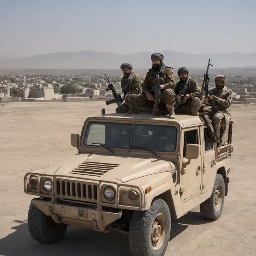 Prompt: A stark contrast between the urban sprawl of Kabul and the harsh reality of the Taliban's swift takeover. In the foreground, a group of armed Taliban fighters, clad in a mix of military fatigues and traditional garb, are aboard a captured U.S. military Humvee. The vehicle's camouflage pattern, once intended to blend with the rugged terrain of Afghanistan, now stands out against the backdrop of the city's concrete buildings, a symbol of the shifting power dynamics. The fighters, their faces partially obscured by turbans and scarves, are seen with a mix of AK-47s and M-16s, illustrating the blend of weaponry they've acquired over the years. One of them proudly holds a black-and-white Taliban flag aloft, the wind billowing it dramatically as it casts a shadow over the cityscape. The Humvee's doors are open, and the men's expressions range from stoic determination to grim triumph.