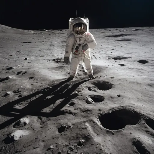 Prompt: A moment frozen in time, a historic tableau of human triumph. In the stark, monochrome landscape of the moon's surface, Neil Armstrong, the first man to set foot on its dusty expanse, stands tall and resolute. His spacesuit, a testament to human ingenuity, is adorned with the American flag and NASA emblem, reflecting the spirit of the 1969 Apollo 11 mission. His left foot is poised above the final rung of the lunar module's ladder, about to make that iconic step. The shadow cast by the harsh lunar sunlight stretches long and dramatic behind him, a silent witness to the monumental event. The sky is a stark, inky blackness, dotted with the distant stars that twinkle with a clarity unobscured by Earth's atmosphere. The lunar module "Eagle" rests nearby, its descent stage a stark contrast to the otherwise desolate surroundings. The American flag, planted firmly into the lunar soil, waves slightly in the vacuum, a symbol of national pride and ambition. The image captures the surreal beauty of the moon's desolate environment, the epitome of the "giant leap for mankind" that was made in that very moment. The horizon curves gently, hinting at the vastness of the alien world beneath the astronaut's boots, while the Earth, a fragile blue marble, hangs in the sky above his head, a reminder of the home he left behind. This powerful visual narrative encapsulates the awe, excitement, and sense of achievement that gripped the world during the historic lunar landing.