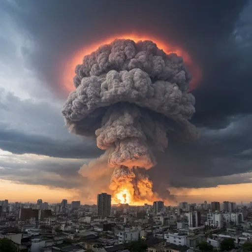 Prompt: An eerie panorama of Hiroshima moments after the detonation of the atomic bomb. The cityscape is swallowed by a monstrous mushroom cloud, an apocalyptic behemoth that ascends into the heavens, stretching skyward like the wrathful hand of a vengeful deity. The cloud's cap is a hellish shade of purple-white, a spectral crown atop a stem of fiery reds and oranges that billows outwards, consuming the once bustling city in a tapestry of destruction. The base of the cloud is a swirling maelstrom of black and gray, a grim reminder of the obliterated structures and lives beneath. The city itself is a tableau of annihilation, with buildings flattened into unrecognizable silhouettes and the remnants of what were once bustling streets now a sea of rubble and dust. The few surviving structures stand as skeletal sentinels, charred and twisted, their shadows dancing grotesquely in the flickering light of the surrounding inferno. At the epicenter, a blinding column of light pierces the heart of the city, a stark reminder of the unimaginable power that was unleashed. The sky is a tumultuous canvas of chaos, with the cloud casting an ominous shadow that stretches for miles, a pall of doom that blots out the sun. Amidst the destruction, a solitary tree, a symbol of resilience, stands in stark contrast, its leaves scorched and branches outstretched as if in a silent plea for mercy. The scene is both awe-inspiring and horrifying, a testament to the tremendous cost of war and the destructive might of human ingenuity gone awry.