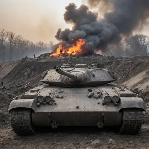 Prompt: A dramatic scene of a Russian T-80 tank, a relic of the Soviet era, lying in a twisted heap of metal and fire, a stark testament to the power of the NLAW (Next-Generation Light Anti-Tank Weapon) deployed by the Ukrainian forces during the 2022 invasion. The once-intimidating war machine is now a charred wreckage, its turret blown clear off, revealing the scorched interior where flames still flicker menacingly. The tank's heavy armor is pierced by a gaping hole, a clear indication of the precise and devastating impact of the anti-tank missile. The surrounding landscape is a blend of rural desolation and urban decay, with shattered concrete and debris scattered around the tank, hinting at the intensity of the battle that unfolded here. The sky above is a grim tapestry of smoke and dust, pierced by a single shaft of sunlight that casts a stark contrast between the fiery destruction and the eerie calmness that has settled over the battlefield. In the foreground, a group of Ukrainian soldiers, faces obscured by their combat helmets and camouflage, stand at a safe distance, surveying the scene with a mix of grim determination and weary relief. Their posture suggests they have just emerged from a successful engagement, their NLAW launchers still smoking in their hands. The starkness of the image is accentuated by the stark contrast of the vibrant greenery that surrounds the carnage, serving as a stark reminder of the juxtaposition between the beauty of the land and the horrors of war. The image captures a pivotal moment in the conflict, illustrating the resilience and resourcefulness of the Ukrainian people in the face of an overwhelming adversary, and the decisive role technology can play in the hands of the determined.