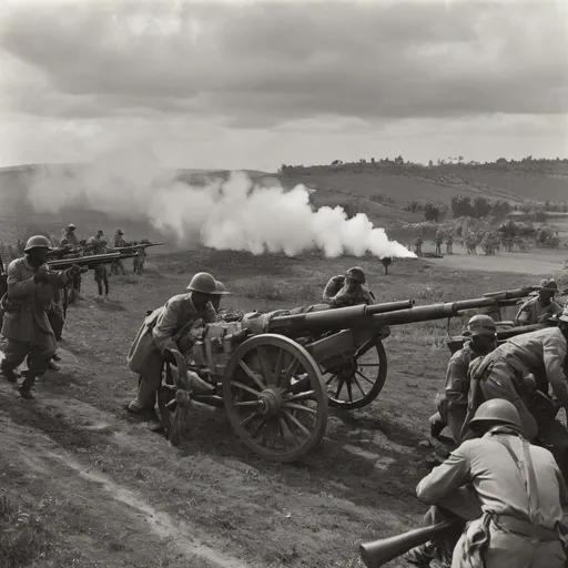 Prompt: A dramatic and intense moment during Operation Stream Line Jane in Madagascar, September 1942. In the foreground, a battery of King's African Rifles' 25 pdr guns are in full action, their long, barrels pointing skyward as they unleash a volley of fire upon distant Vichy positions. The scene is suffused with the stark contrast of light and shadow, as the sun dips low on the horizon, casting elongated shadows across the dusty battlefield. The gunners, a diverse group of soldiers from various African countries, are in a flurry of activity, their expressions a mix of determination and concentration as they load and aim the mighty cannons. The air is thick with the acrid scent of gunpowder and the deafening roar of the artillery fills the space, echoing off the rugged hills that form the backdrop to the scene. Each gun's recoil sends a cloud of dust into the air, momentarily obscuring the camouflaged emplacement. In the background, the silhouettes of Ambositra's lush greenery and terraced rice fields stand in stark contrast to the chaos of war. Smoke rises lazily from the Vichy positions, hinting at the fierce resistance met by the Allied forces. The sky is a tumultuous mix of fiery oranges and deepening blues, a poignant reminder of the rapidly approaching nightfall that will bring temporary respite to the embattled landscape. The image captures the essence of the King's African Rifles' valour and the stark beauty of Madagascar's varied terrain, serving as a stark reminder of the human cost of conflict and the enduring spirit of those who fight for freedom.