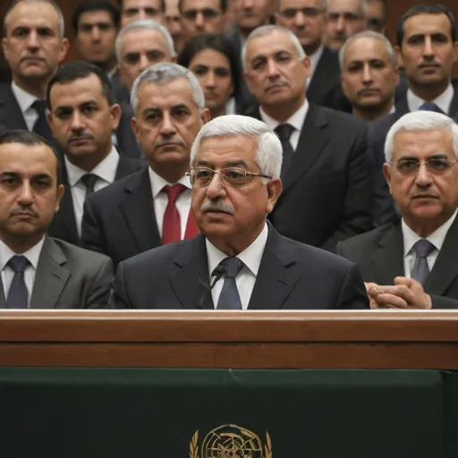 Prompt: Mahmoud Abbas, also known as Abu Mazen, standing firmly at a podium adorned with the emblem of the State of Palestine. His countenance is a blend of resolve and solemnity, reflecting the weight of his roles as the President of the Palestinian National Authority and the Palestine Liberation Organization (PLO) Chairman. He is dressed in a crisp, traditional Palestinian thobe with a neatly embroidered keffiyeh around his neck, symbolizing his deep connection to the Palestinian people and their ongoing struggle. The vibrant red, black, green, and white colors of the Palestinian flag serve as a stark backdrop, billowing softly behind him, embodying the spirit of resilience and hope. To his right, a line of dignitaries and officials from various political factions stand in solidarity, representing the unity of the Palestinian leadership. On the left, a group of diverse Palestinian citizens, including children, women, and the elderly, look on with anticipation, reflecting the breadth of the population whose interests he represents. The room is bathed in a warm, golden light, which seems to emphasize the gravity of the moment and the significance of his words. The walls are lined with portraits of historical leaders and maps of the region, serving as a silent testament to the long and complex history of the Palestinian cause. The podium is flanked by the flags of various countries, signifying the international presence and support for Palestine. In the foreground, a large bouquet of flowers in the same colors as the flag stands as a symbol of peace and the aspirations for a future flourishing state. The scene is one of focused attention and quiet dignity, as Abbas's gestures, the attentive gazes of the audience, and the hushed whispers of interpreters convey the importance of the address he is delivering. The image captures a pivotal moment in time, where the future of the Palestinian people is being shaped by the actions and words of their leader.