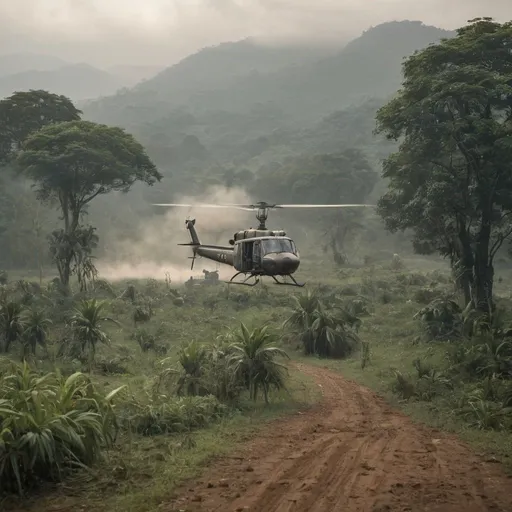 Prompt: A dramatic aerial scene in 1966 Vietnam, with a trio of UH-1D Huey helicopters, their blades slicing through the dense, tropical air, as they ascend from the lush, battle-scarred landscape of the Filhol Rubber Plantation area. The choppers, painted in the distinctive olive drab and black of military camouflage, are adorned with the insignia of the 2nd Battalion, 14th Infantry Regiment, known as the "Golden Dragons." The soldiers below, dwarfed by the towering rubber trees, are in the midst of boarding, their faces a mix of determination and exhaustion. Their camouflage fatigues blend with the foliage, but the sharp contrast of their gear and weapons against the natural backdrop highlights the stark reality of war. The ground is a mosaic of shadow and light, as the sun, partially obscured by a veil of dust and smoke, casts a warm glow on the scene, emphasizing the urgency of the mission. The first helicopter is already filled with troops, its ramp open and ready to lift off, while the other two hover in place, awaiting their turn to load up. The pilots, skilled in their craft, maintain a steady hover amidst the chaos, a testament to their training and nerve. In the background, the plantation's infrastructure is visible, damaged by the recent conflict, with twisted metal and splintered wood scattered among the orderly rows of trees. The image captures the momentary calm before the storm, as the Golden Dragons prepare for their airborne exodus to a staging area, ready to be deployed into the heart of the battle once more.