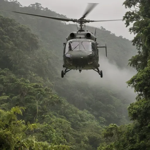 Prompt: A tense moment of aerial rescue in the dense, emerald jungles of Borneo during August 1964. A British soldier, his face a mask of concentration and determination, is being winched upwards by a sturdy Westland Wessex helicopter, which hovers steadfastly against the backdrop of a dramatically overcast sky. The helicopter, with its distinctive red and blue Royal Air Force livery, stands out against the verdant foliage, its powerful rotors whipping the surrounding air into a maelstrom of leaves and branches. The soldier, clad in battle-worn khaki, is suspended from a rescue harness, his legs kicking slightly as he ascends, the rope taut and strong, a lifeline to safety. The lush jungle canopy stretches out beneath him, a tapestry of shadow and light, as the Wessex's downwash creates a temporary clearing in the otherwise impenetrable underbrush. The pilot and crew members are silhouettes through the cockpit's Plexiglas, their expressions focused and professional, maneuvering the aircraft with precision. The metallic gray of the helicopter contrasts with the vibrant greens and browns of the rainforest, creating a stark reminder of the human intervention in this ancient, untamed landscape. The atmosphere is palpable with the anticipation of danger passed and relief on the horizon. The image encapsulates the heroism and camaraderie of the military operation, as well as the unforgiving yet awe-inspiring beauty of the Bornean wilderness during this pivotal time in history.