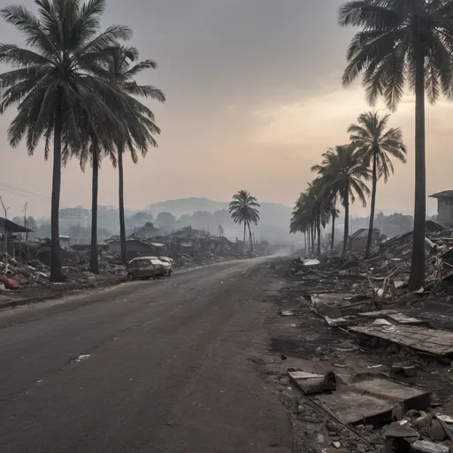 Prompt: A stark panorama of the southern part of Bandung, once a thriving urban landscape, now reduced to a smoldering wasteland. In the foreground, charred remnants of buildings jut out like blackened teeth from the earth, their metal skeletons gleaming dully in the harsh sunlight that pierces through the thick, ashen sky. The horizon is an apocalyptic canvas of fiery reds and oranges, a stark contrast to the dark plumes of smoke that rise in the distance, hinting at the ongoing devastation beyond the frame. The streets are eerily deserted, save for a few scattered figures in the haze, likely survivors or rescue workers shrouded in protective gear, moving with a solemn urgency. The smell of burning rubber and scorched metal fills the air, a grim reminder of the chaos that had engulfed the area. Palm trees, once a symbol of tropical vitality, are now withered and lifeless, their fronds drooping like mournful arms. Amidst the destruction, a solitary Indonesian flag, tattered and stained, clings to a pole, a poignant symbol of resilience amidst the ruins. The sidewalks are littered with debris and the occasional burnt-out car, while the buildings that still stand bear the scars of the militia's wrath in the form of bullet holes and graffiti. The overall mood is one of desolation and despair, yet there is a flicker of hope in the far-off sirens and the distant sound of heavy machinery, signaling the beginnings of the city's painstaking rebirth from the ashes.