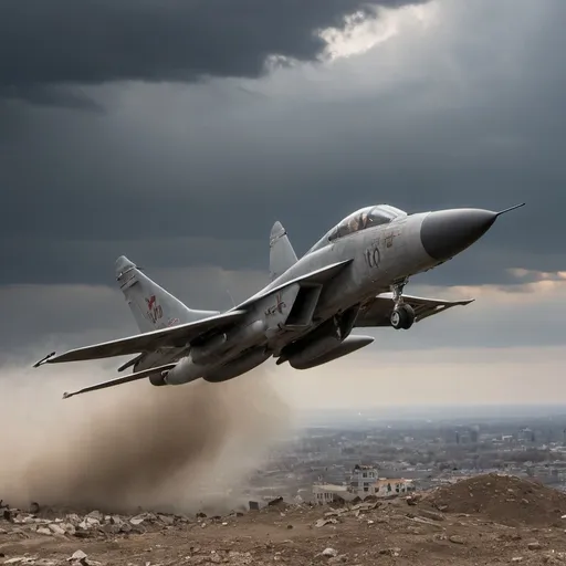 Prompt: A stark and poignant scene from the Battle of Bakhmut, with a Russian Air Forces MiG-25PU two-seat trainer jet soaring high in the tumultuous skies. The jet, a symbol of the ongoing conflict, is depicted in crisp detail, its metallic body gleaming in the sparse light that pierces through the dense clouds of smoke and dust. The aircraft's wings are spread wide, a testament to the power and precision required to navigate the treacherous airspace over the city. Below, the once-bustling urban landscape of Bakhmut lies in ruins, a haunting tableau of shattered buildings, cratered streets, and twisted metal skeletons that were once towering structures. The cityscape is a mournful palette of grays and browns, with plumes of smoke rising from the destruction like ghosts of the past. The stark contrast between the jet's intact form and the decimated city beneath it serves as a grim reminder of the relentless toll of war. The pilot and weapons systems operator are visible in the cockpit, their faces a mix of determination and weariness as they carry out their mission. The sky is a canvas of brooding darkness, with the sun's feeble rays struggling to break through the overcast, casting an eerie glow over the battle-scarred scene. The city's few remaining inhabitants can be seen as tiny, desolate figures in the distance, picking through the rubble of their former lives. This powerful image encapsulates the harsh reality of the Russo-Ukraine War, juxtaposing the sophistication of modern warfare with the unyielding human spirit that refuses to be completely extinguished amidst the devastation.