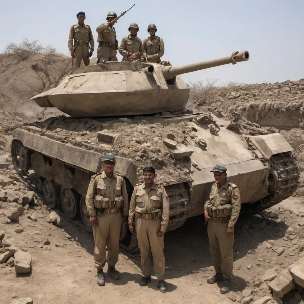 Prompt: A stark contrast of victory and destruction, with a group of determined Indian soldiers standing proudly around the wreckage of a defeated Pakistani M4A1 Sherman tank. The tank, once a symbol of power and might, now lies in ruins, with its turret askew and smoke billowing from the gaping hole where the engine compartment once was. The metal beast's olive drab paint is scorched and pockmarked with the evidence of intense battle, its treads warped and rendered immobile. The soldiers, in their distinctive khaki uniforms and steel helmets, display a mix of emotions - relief, triumph, and solemnity - as they survey the scene. Their expressions speak volumes of the hard-fought victory and the toll it has taken. One soldier raises a victory sign, while another checks the perimeter with a cautious gaze. The barren, dusty landscape stretches out behind them, marked by the debris of war - shattered trees, craters from explosions, and discarded military gear scattered haphazardly across the ground. The harsh sun casts long shadows over the scene, highlighting the starkness of the destruction. In the background, the remnants of a once-thriving village poke through the dust, serving as a poignant reminder of the human cost of conflict. The picture captures a moment frozen in time, a testament to the resilience and valor of the Indian forces in the face of adversity, and a stark commentary on the ravages of war.