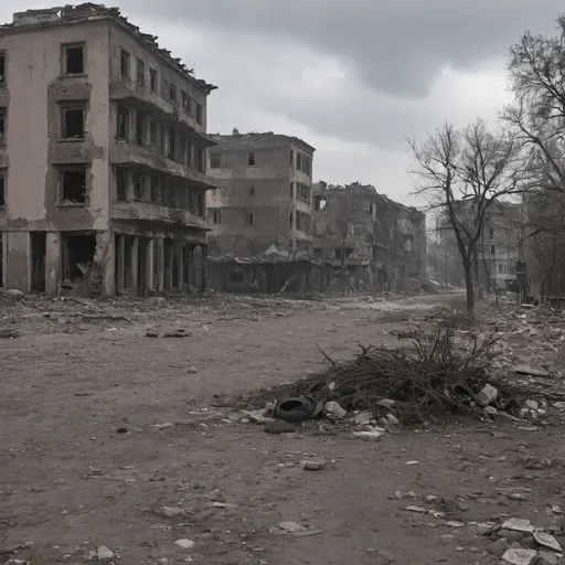 Prompt: A stark panorama of a war-torn cityscape in Mariupol, Ukraine, on a grim March 16th, 2022. The once bustling urban area is now a mournful tableau of destruction and despair. The sky above is a dreary palette of ashen grays, with plumes of dark smoke unfurling from the horizon, serving as a stark reminder of the relentless conflict that has ravaged the city. Buildings that once stood as proud testaments to modern architecture now slump in a state of disarray, their facades scarred by the brutal dance of artillery fire and shrapnel. The streets, once alive with the hum of traffic and pedestrians, are now a maze of debris, twisted metal, and shattered glass, eerily silent except for the occasional cries of distant sirens and the muffled sobs of the unseen. The remnants of a once vibrant apartment complex lean precariously, the gaping holes in the concrete revealing the skeletal structures within, like a mouth with rotten teeth. A solitary tree, stripped of its leaves, reaches out over the carnage, a symbol of nature's resilience amidst the chaos. Amidst the ruins, a lone figure in a tattered coat is seen, a flicker of humanity moving through the desolate scene, a silent witness to the ravages of war. The stark contrast between the lifelessness of the damaged buildings and the figure's perseverance speaks volumes about the indomitable spirit of the city's inhabitants, refusing to be fully crushed by the weight of the destruction that surrounds them. The image is a poignant snapshot of a city holding its breath, caught in the merciless jaws of war, yet clinging to hope amidst the rubble.