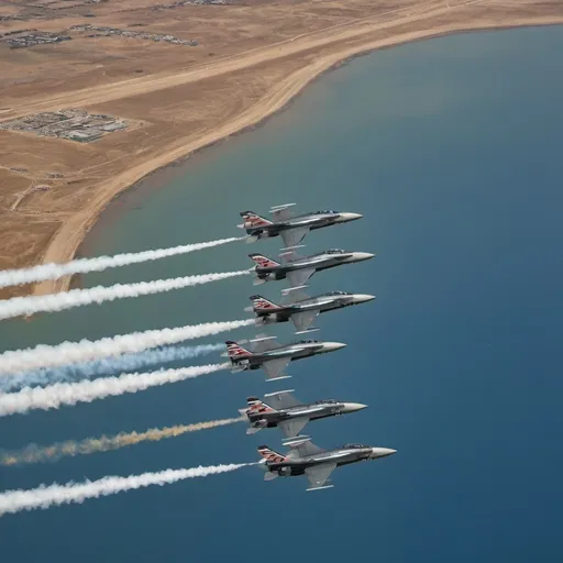 Prompt: A breathtaking aerial display from the PAF "Falcons," the elite aerobatics team of the Pakistan Air Force, as they soar to unprecedented heights in 1958. Sixteen gleaming F-86 Sabre jets, their wings tipped with the vibrant green and white of the Pakistani flag, are arranged in a perfectly symmetrical diamond formation that stretches across a clear, azure sky. The sun casts a warm glow on the aircraft, highlighting their sleek metallic frames as they perform an intricate and mesmerizing ballet of precision flying. Each jet leaves behind a thin trail of smoke, creating a tapestry of colors that weaves through the sky, with the blue and red of the smoke standing out against the stark contrast of the clouds below. The pilots, known for their daring and skill, are depicted in their distinctive helmets, their faces a mix of concentration and exhilaration as they navigate the complex aerial maneuvers. The lead Falcon, in a jet that shimmers with a golden hue, breaks away from the formation, looping upward in a graceful arc that seems to defy gravity. Far below, the landscape is a blur of green fields and winding rivers, with crowds of amazed spectators gathered at the air show's perimeter, their tiny figures waving and cheering up at the history-making spectacle. In the distance, the outline of a bustling city serves as a backdrop to this incredible feat of human engineering and courage. The image is not only a testament to the PAF Falcons' unparalleled world record of flying in the largest formation of F-86 Sabres but also an embodiment of national pride and the spirit of unity that transcends the bounds of the sky.