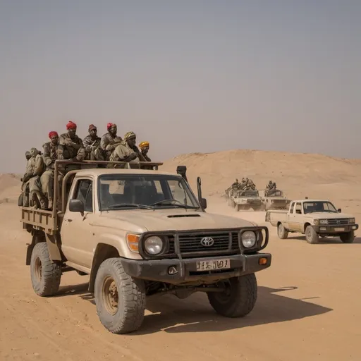 Prompt: A convoy of Chadian soldiers in 2008, proudly standing atop a Toyota Land Cruisher pickup truck, their heads wrapped in vibrant turbans that flutter in the desert wind. The vehicle, a symbol of the "Toyota War" that ravaged the region from 1986 to 1987, is adorned with the nation's flag, fluttering high at the antenna. The soldiers, armed with a mix of AK-47s and traditional weapons, are clad in a patchwork of military fatigues and gear that reflect the harsh, resourceful nature of the conflict. Their faces, a blend of stoicism and resilience, are weathered by the relentless sun and etched with the lines of experience. The Land Cruisher itself is a testament to endurance, its once gleaming paint job faded to a sandy patina that matches the arid landscape it navigates. The tires are slightly deflated for better traction on the shifting dunes, while the bed of the truck is laden with jerry cans and supplies necessary for the ongoing mission. In the background, a hazy horizon stretches out, punctuated by the silhouettes of more Toyota Land Cruisers and a dusty, unpaved road that stretches into infinity. The scene is bathed in the soft, warm light of a setting sun, casting long shadows that play across the undulating sands and the faces of the men, creating a stark contrast between the hope of the fading day and the uncertainty of the battles they have yet to face. The image captures the essence of a modern warrior band, forever intertwined with the iconic vehicles that shaped their narrative and the unforgiving environment that has both forged and tested their mettle.