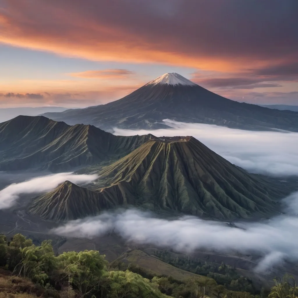 Prompt: An awe-inspiring panorama of the Tengger Caldera, a colossal ancient crater nestled in the heart of East Java, Indonesia. At the center stage, the mighty Semeru stands tall, its majestic peak veiled in a soft shroud of mist, as if whispering ancient secrets to the sky. On the left, the iconic Mt. Bromo, a fiery sentinel, emits plumes of smoke, an ever-present reminder of its volcanic activity. In stark contrast, the stoic Mt. Batok, with its symmetrical conical form, looms in the foreground, casting a long shadow over the rugged terrain. To the right, the serene Mt. Widodaren rises gracefully, a silent witness to the dramatic scene unfolding. The rugged beauty of the caldera is further accentuated by the stark contrast between the verdant valleys and the stark, ash-covered landscapes, a testament to the interplay between creation and destruction. The soft morning light paints the scene in warm hues, illuminating the diverse textures of the land and the majesty of the peaks. The stillness of the moment is pierced only by the occasional rumble from the volcanic giants, a gentle reminder of the powerful forces that have shaped this ethereal realm. The clouds hover low, kissing the tops of the mountains, and the air is thick with a sense of reverence and awe, as the natural grandeur of the Tengger Caldera unfolds before the viewer's eyes.