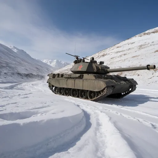 Prompt: A stark contrast of eras and environments as a Soviet T-62M tank, emblazoned with the insignia of the "Berlin" tank regiment of the 5th Guards Motor Rifle Division, lumbers through the rugged, snow-dusted terrain of Afghanistan on 1 January 1987. The mighty beast of war, a relic of the Cold War, is seen in the foreground, its metallic green hull gleaming dully under the weak winter sun, the snow clinging to its form like a second skin. The tank is adorned with the iconic red star of the Soviet Union and the white-and-blue striped banners of victory, fluttering in the crisp mountain air. The barrel of its 115mm smoothbore gun points skyward, as if in a silent salute to the end of a long and tumultuous chapter in history. Behind the tank, a convoy of military vehicles stretches into the distance, weaving through the harsh, rocky landscape, each one a testament to the might and determination of the Soviet forces that once sought to maintain a foothold in this distant land. The barren, desolate backdrop of the Afghan mountains stands as a stoic witness to the countless battles and sacrifices made by both sides. The sky above is a clear, piercing blue, a poignant symbol of the freedom that the withdrawing forces are about to regain, yet tinged with the gravity of the lives lost and the legacy of the conflict. The tracks of the T-62M have churned the snow and earth, leaving a path that tells the story of a journey marked by valor and hardship. The scene is a powerful visual representation of the end of an era, the quiet departure of a once-formidable force from a land that had known nothing but the roar of engines and the echo of gunfire for too long. The image captures the moment of transition, where the weight of the past is visibly lifted from the shoulders of the war-weary machinery as it heads towards the horizon, leaving the stark beauty of Afghanistan to begin the slow process of healing from the wounds of war.