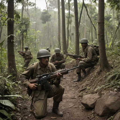 Prompt: A tense and dynamic scene from the late stages of World War II, where Bren gunners of the 3/9th Jat Regiment are in full combat gear, steadfastly positioned in the rugged jungle terrain of Java. The date is inscribed as circa 15–16 November 1945, a critical period during the Battle of Surabaya, where these brave soldiers were fighting against the Indonesian nationalists. The Bren gunners, wearing British-issued helmets and fatigues, are focused and vigilant, their eyes scanning the dense foliage for any signs of the enemy. Their Bren light machine guns are at the ready, the sleek barrels pointing towards an unseen threat, the bipod legs firmly planted in the earth, providing stability for their deadly firepower. The men are a study in concentration, their muscles taut as they grip the wooden stocks and curved magazines of their weapons. The jungle itself seems to hold its breath around them, the vibrant greens and earthy tones of the vegetation a stark contrast to the stark reality of war. The light filters through the canopy in dappled patterns, casting dramatic shadows across their faces and highlighting the beads of sweat on their brows. The air is thick with the scent of damp leaves and the acrid tang of gunpowder. To their rear, the rest of the 3/9th Jat Regiment advances cautiously, their rifles at the ready, moving in single file through the narrow gaps between the towering trees. The scene is one of coordinated effort and unspoken trust, as the gunners cover their comrades' advance, providing vital protection against potential ambushes. Their determination to overcome the nationalist forces is palpable, each step they take forward is a testament to their valour and the unwavering spirit of the Indian Army. The scene is steeped in history, capturing a moment of valour and camaraderie that defined this tumultuous period in the quest for independence.