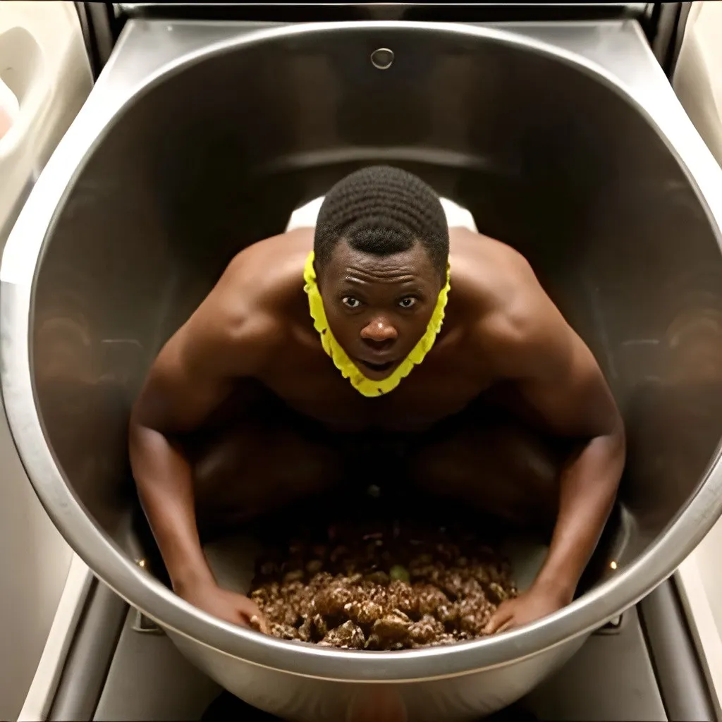 Prompt: African guy launches himself from loads of human poop