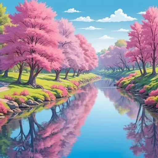 Prompt: Cartoon-style image of a serene river, pink trees on both sides, clear blue sky, vibrant colors, detailed water reflections, lush foliage, playful and whimsical, cartoon, vibrant colors, serene atmosphere, clear blue sky, detailed reflections, playful style, nature, river landscape, pink trees, scenic, vibrant, lush, whimsical