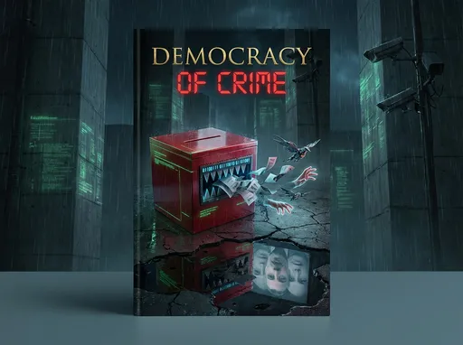 Prompt: Hyper-detailed cyberpunk dystopian book cover scene, cinematic lighting. A gleaming red voting box sits crooked on cracked wet concrete, its slot morphing into a mechanical mouth with binary-code teeth (01100111 01110010 01101001). From the mouth spills: white voting papers transforming into fractured mechanical birds and translucent human fingers reaching upward. Below, in an oil-blood puddle reflection, the box appears as a giant surveillance monitor showing three ghostly overlapping faces. Background: monolithic brutalist architecture with faint holographic data grids and surveillance camera silhouettes. Color palette: crimson #C50000, noir black #0A0A0F, sickly green data-stream accents. Typography: "DEMOCRACY" in elegant gold foil above "OF CRIME" in fractured digital red font. Style reminiscent of Simon Stålenhag meets Blade Runner 2049, photorealistic, 8K, dramatic chiaroscuro lighting.