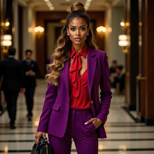 Prompt: @N8cu22tUReFYyYUr7mPx is standing inside a modern and chic dimly-lit hotel lobby with calm and poise in New York City. The picture of modern elegance, she's wearing a sleek ruby red two-piece suit. The suit blazer is lightweight material with a strong shoulder line, mid-width notch lapel, patch pockets and double side vents. Justine wears a sleeveless plunge-neck camisole inside the blazer, and the suit trousers are flared with a fly front zipper. Justine's black hair with blonde highlights is styled in an updo with a bun, and she's wearing black leather five-inch pumps. She carries a large black leather satchel bag with her left hand, wears a gold signet ring on her right middle finger, and is wearing stylish glasses with black acetate frames.