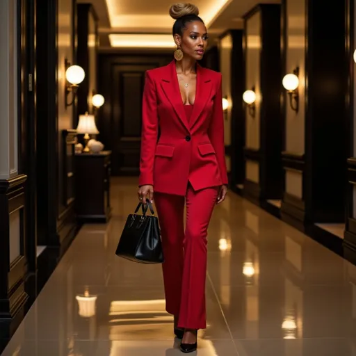 Prompt: @N8cu22tUReFYyYUr7mPx is standing inside a modern and chic dimly-lit hotel lobby with calm and poise in New York City. The picture of modern elegance, she's wearing a sleek ruby red two-piece suit. The suit blazer is lightweight material with a strong shoulder line, mid-width notch lapel, patch pockets and double side vents. Justine wears a sleeveless plunge-neck camisole inside the blazer, and the suit trousers are flared with a fly front zipper. Justine's black hair with blonde highlights is styled in an updo with a bun, and she's wearing black leather five-inch pumps. She carries a large black leather satchel bag with her left hand, wears a gold signet ring on her right middle finger, and is wearing stylish glasses with black acetate frames.