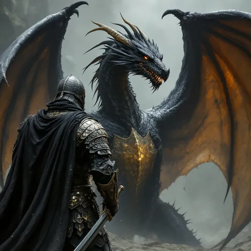 Prompt: Black dragon with wings spread.
Breast plate scales are gold
Warrior in crusader style chainmail with sword is in the foreground, back towards the viewer